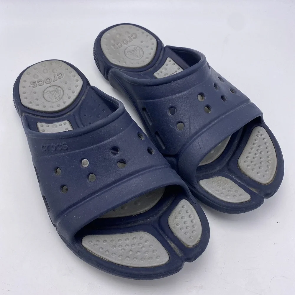 Crocs Sandals Mens 9 Slides Navy Gray Shoes Womens 11 Slip On Beach Pool